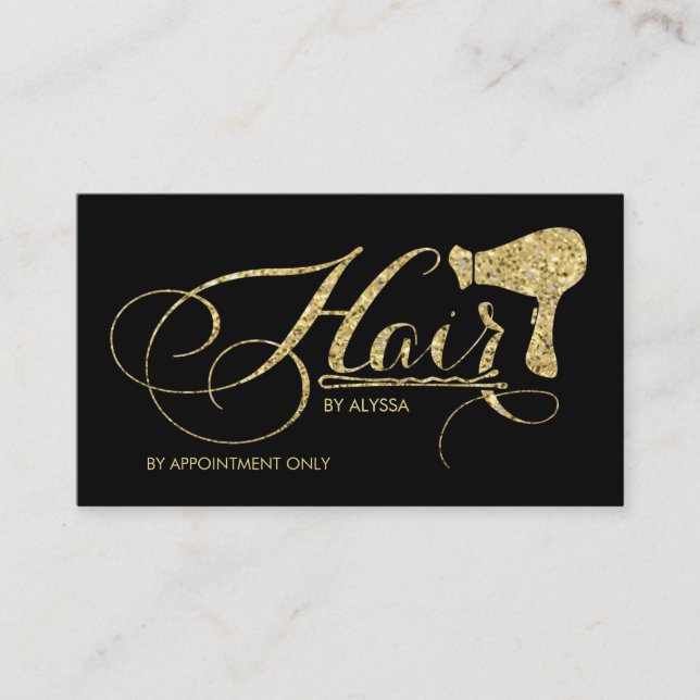 Eleganter GoldGlitzer-Skript-Haar-Stylist Terminkarte (Vorderseite)