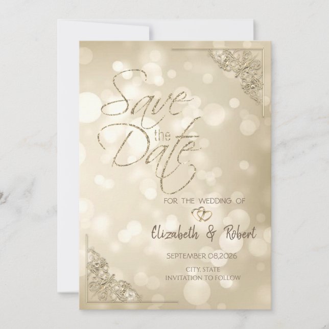 Eleganter Goldherzen-Rahmen-Bokeh Save The Date (Vorderseite)