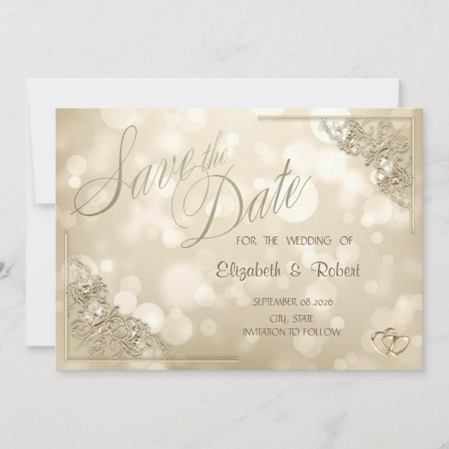 Eleganter Goldherzen-Rahmen-Bokeh Save The Date (Vorderseite)