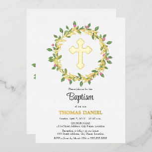 Eleganter Goldkreuz Taufe Blumenreath Folieneinladung