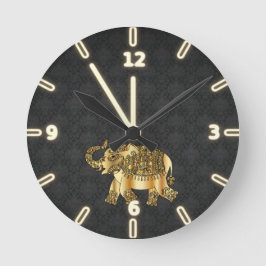 Eleganter Goldpaisley-Elefant, schwarzer Damast Runde Wanduhr