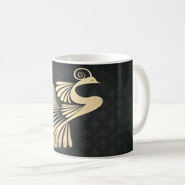 Eleganter Goldpfau, schwarzer Damast Kaffeetasse (VorderseiteRechts)