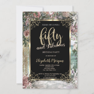 Eleganter Goldrahmen, tropische Blumen 50. Geburts Einladung