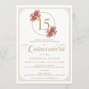Eleganter Goldrahmen und Burgund Rose Quinceanera Einladung