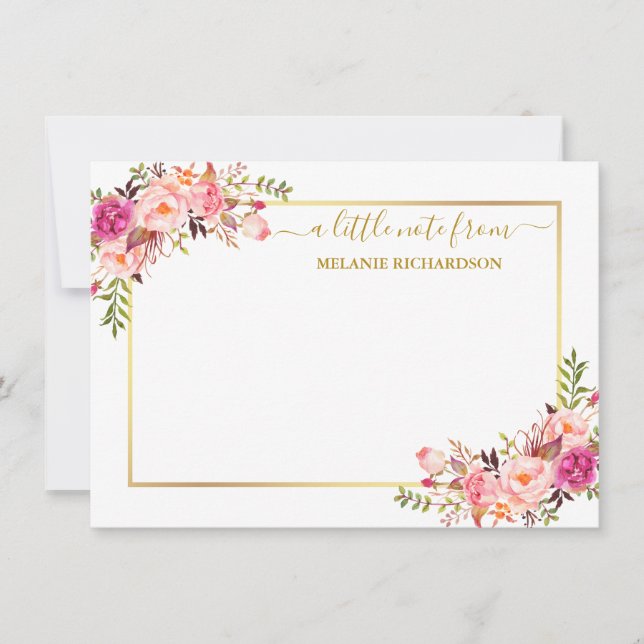 Eleganter Goldrahmen Wasserfarbe Rosa Rosa Blüte Mitteilungskarte (Vorderseite)
