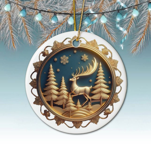 Eleganter Goldrausch, Hirsch, Weihnachtsschneefloc Keramik Ornament (Round ceramic reindeer ornament with elegant gold colored frame, Festive Golden deer decor. 🦌🎄)