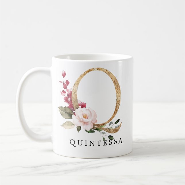 Eleganter Goldrausch Rosa Blume Letter Q Kaffeetasse (Links)