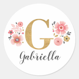Eleganter goldrosa florale Monogramm Anfangsbuchst Runder Aufkleber