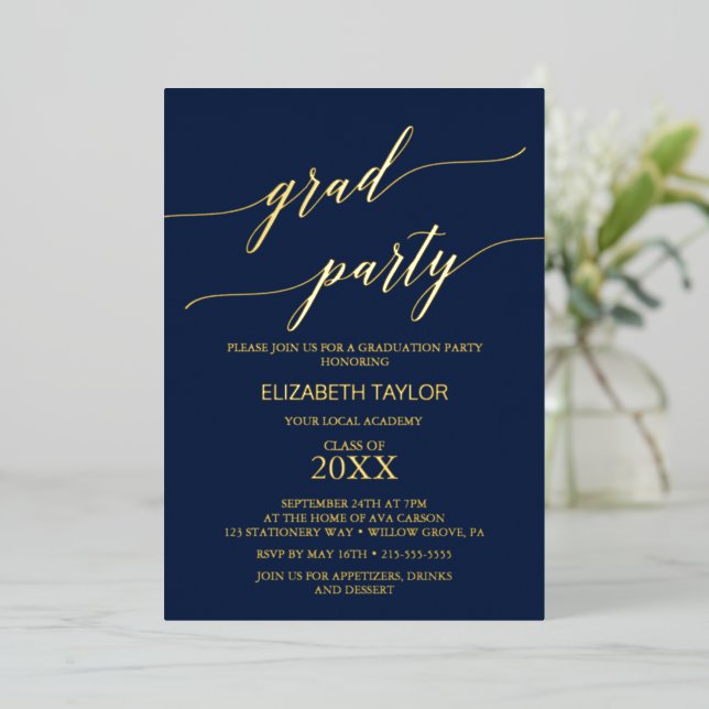 Eleganter Goldschmied | Navy Blue Graduation Party Folieneinladung (Stehend vorne)