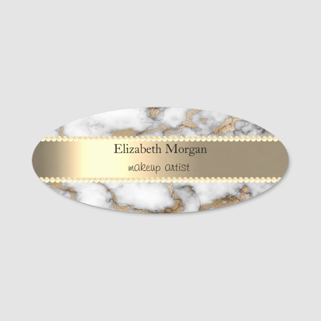 Eleganter Goldstreifen, Perlen, weißer Goldmarmor Namensschild (Vorderseite)