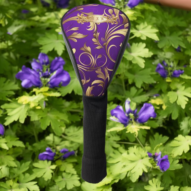 Eleganter Golf Head Cover mit Lila und goldener Co Headcover (Monogrammed Royal Purple and Gold Damask Golf Head Cover)