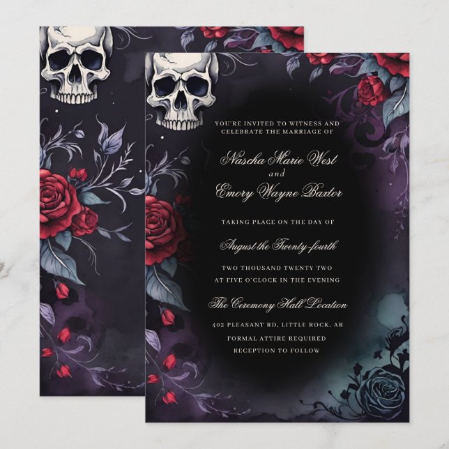 Eleganter Gothic Skull & Rose Hochzeit Einladung (Vorne/Hinten)