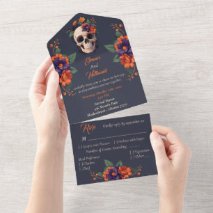 Eleganter gotischer 3D-Blumenschädel-Hochzeit All In One Einladung