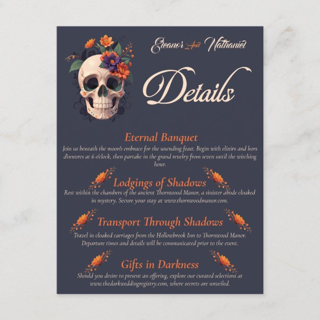 Eleganter gotischer 3D-Floral Skull QR-Code Begleitkarte (Vorderseite)