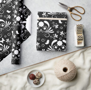 Eleganter gotischer Damast Schwarz Floral Schmette Geschenkpapier