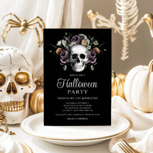Eleganter gotischer floraler Totenkopf Halloween Einladung