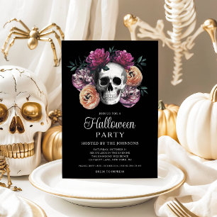 Eleganter gotischer floraler Totenkopf Halloween Einladung