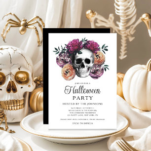 Eleganter gotischer floraler Totenkopf Halloween Einladung