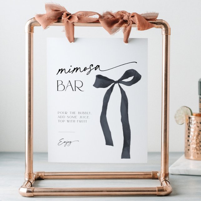 Eleganter gotischer Schwarzer Bow Bringen des Knot Sockelschild (Mimosa bar sign with elegant black bow for a gothic "she's tying the knot" themed bridal shower)