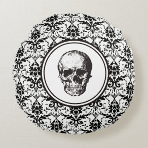 Eleganter gotischer schwarzer und weißer Totenkopf Rundes Kissen
