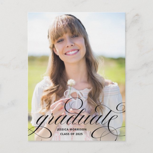 Eleganter Graduate Black Script Foto Abschluss Postkarte (Vorderseite)