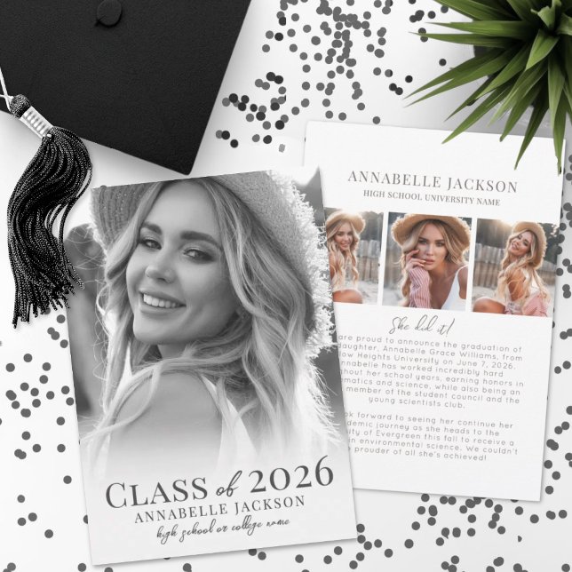 Eleganter Graduate Black & White Foto Abschluss Ankündigung (Elegant Graduate Black & White Photo Graduation Announcement)