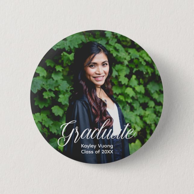 Eleganter Graduate Foto Personalisierter Abschluss Button (Vorderseite)