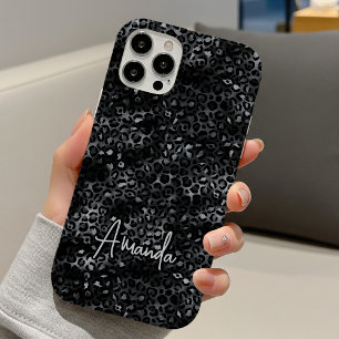 Eleganter Grau-Schwarz-Leopardenprint Monogramm iPhone 16 Hülle