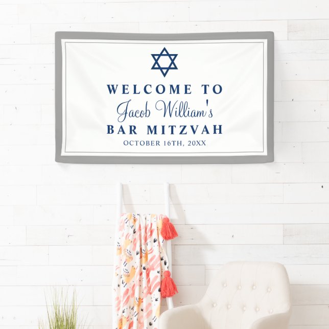 Eleganter Grau und Navy Blue Bar Mitzvah Willkomme Banner (Insitu)