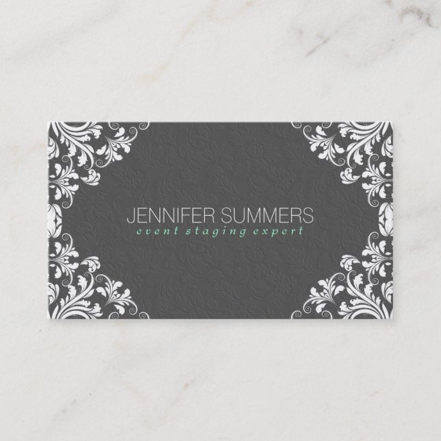 Eleganter, grauer Damaskus, weißer Vintager Rahmen Visitenkarte (Vorderseite)