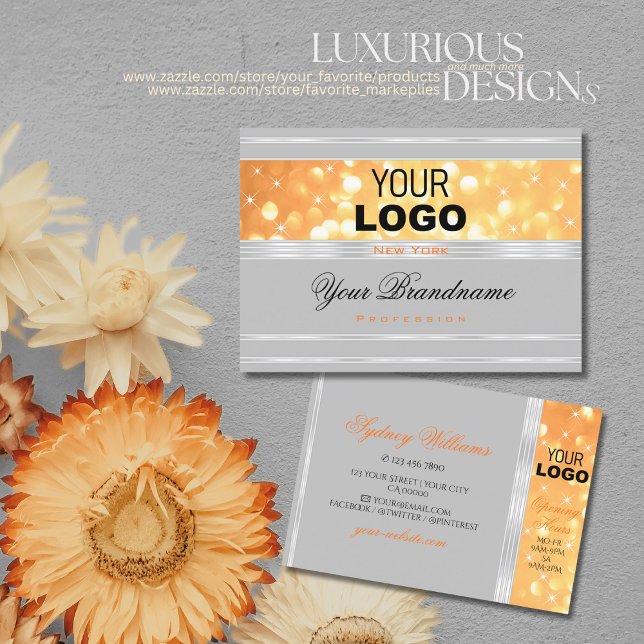 Eleganter grauer Orange Glitzer Logo Silver Border Visitenkarte (Von Creator hochgeladen)