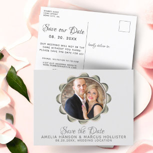 Eleganter grauer ovaler Rahmen Save the Date Foto Ankündigungspostkarte