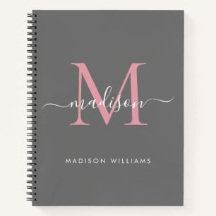 Eleganter grauer Rosa, Girly Monogram, Name Notizbuch
