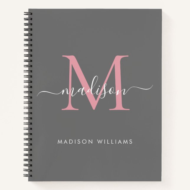 Eleganter grauer Rosa, Girly Monogram, Name Notizbuch (Vorderseite)