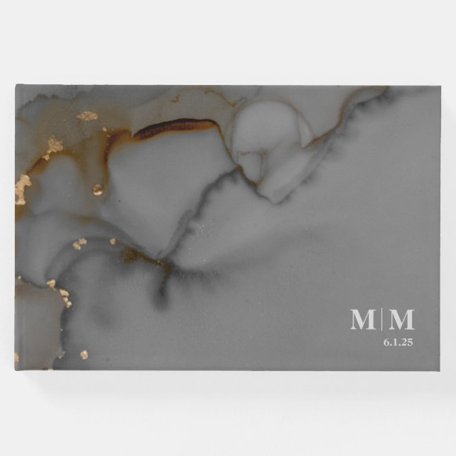 Eleganter Gray Alcohol Ink Wedding Gold Gästebuch (Vorderseite)