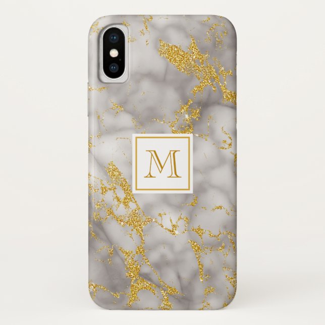 Eleganter Gray Marble Monogram Imitate Gold Glitze Case-Mate iPhone Hülle (Rückseite)