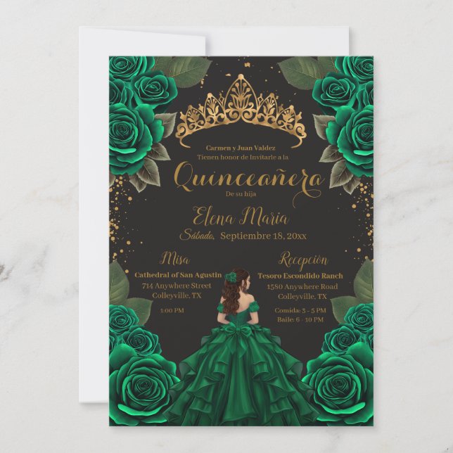 Eleganter Green Black Quinceñera Rose Gold Glitzer Einladung (Vorderseite)
