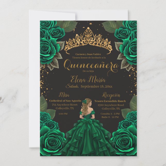 Eleganter Green Black Quinceñera Rose Gold Glitzer Einladung (Vorderseite)