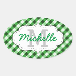 Eleganter Green Gingham Pattern Personalisierter N Ovaler Aufkleber