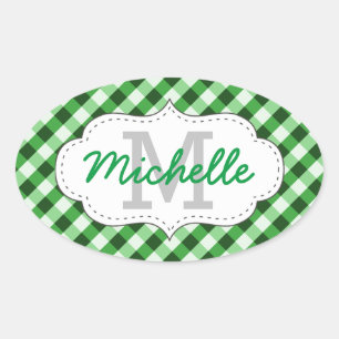 Eleganter Green Gingham Pattern Personalisierter N Ovaler Aufkleber