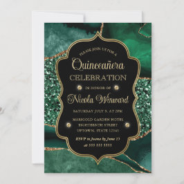 Eleganter Green & Gold Glitzer Agate Quinceanera Einladung