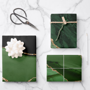Eleganter Green Gold Glitzer Marble Agate Geschenkpapier Set