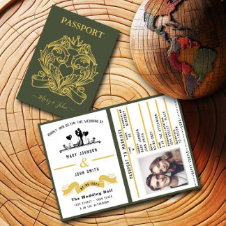 Eleganter Green Passport Stil Einladung zur Hochze