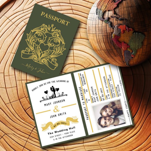 Eleganter Green Passport Stil Einladung zur Hochze (Von Creator hochgeladen)