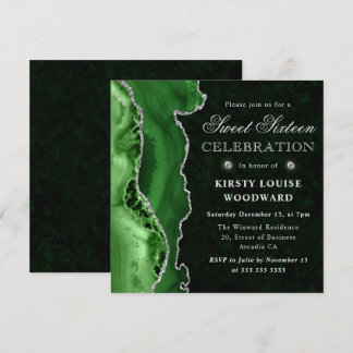 Eleganter Green & Silver Glitzer Agate 16 . Geburt Einladung