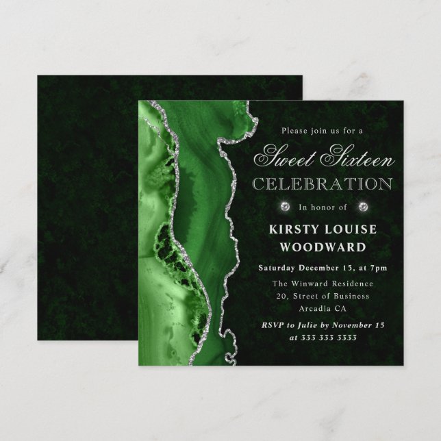 Eleganter Green & Silver Glitzer Agate 16 . Geburt Einladung (Vorne/Hinten)
