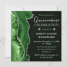 Eleganter Green Silver Glitzer Agate Quinceanera Einladung