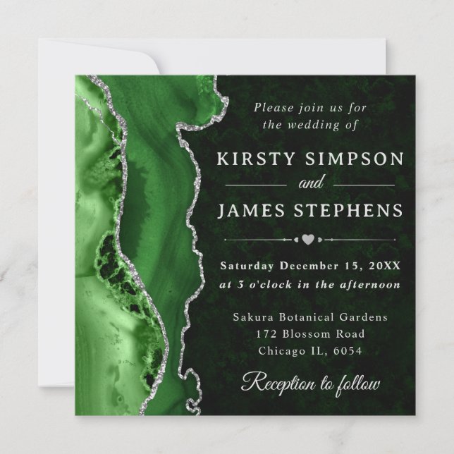 Eleganter Green Silver Glitzer Agate Wedding Einladung (Vorderseite)