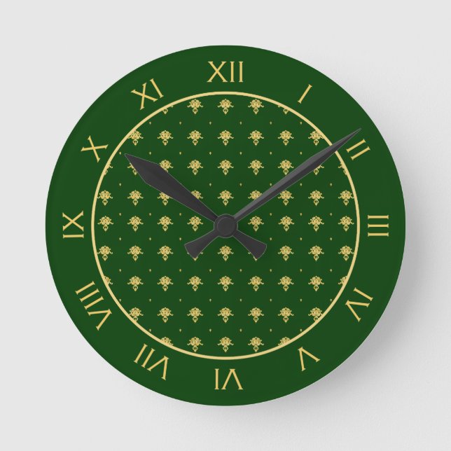 Eleganter Green und Gold Damask Runde Wanduhr (Vorderseite)