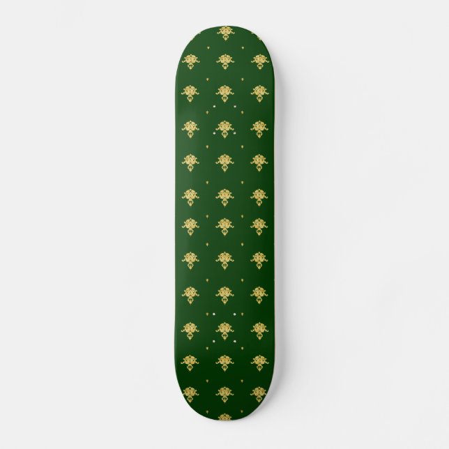 Eleganter Green und Gold Damask Skateboard (Vorderseite)